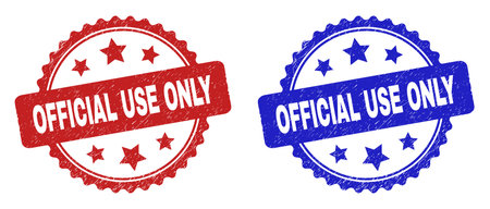 Rosette OFFICIAL USE ONLY seal stamps. Flat vector textured stamps with OFFICIAL USE ONLY phrase inside rosette with stars, in blue and red color versions. Imprints with distress surface.のイラスト素材