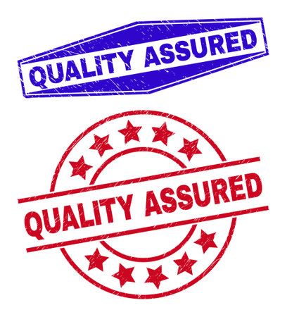 QUALITY ASSURED stamps. Red rounded and blue stretched hexagonal QUALITY ASSURED stamps. Flat vector distress seal stamps with QUALITY ASSURED title inside circle and stretched hexagonal shapes.のイラスト素材