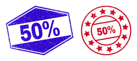 50% stamps. Red rounded and blue flattened hexagonal 50% watermarks. Flat vector textured seal stamps with 50% tag inside rounded and flattened hexagonal shapes.のイラスト素材