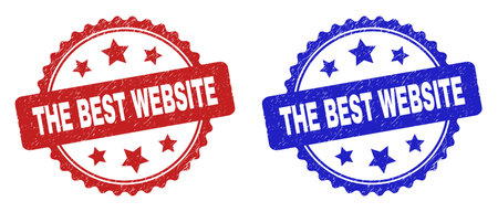 Rosette THE BEST WEBSITE watermarks. Flat vector distress watermarks with THE BEST WEBSITE phrase inside rosette with stars, in blue and red color variants. Imprints with distress surface.のイラスト素材