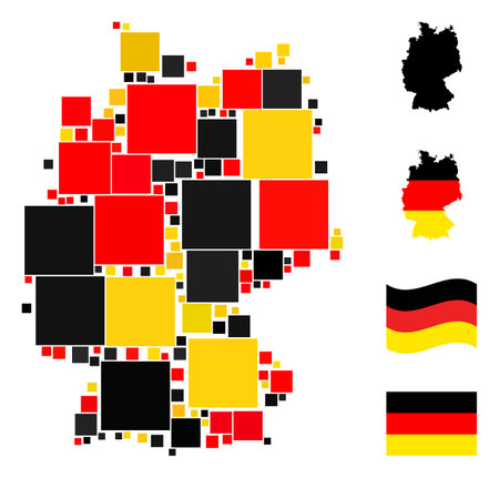 German map mosaic in German flag official colors - red, yellow, black. Vector filled square design elements are arranged into mosaic German map mosaic.のイラスト素材
