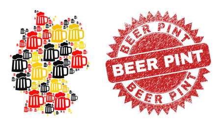 Germany geographic map mosaic in Germany flag official colors - red, yellow, black, and dirty Beer Pint red rosette badge. Vector beer mug design elements are formed into mosaic German map collage.のイラスト素材