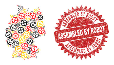 Germany state map mosaic in Germany flag official colors - red, yellow, black, and scratched Assembled by Robot red rosette seal.のイラスト素材