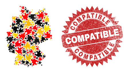 German state map mosaic in German flag official colors - red, yellow, black, and rubber Compatible red rosette stamp seal. Vector puzzle plugin elements are united into conceptual German map mosaic.のイラスト素材