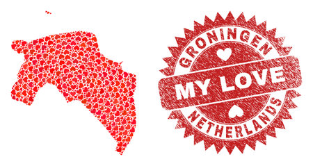 Vector mosaic Groningen Province map of love heart items and grunge My Love stamp. Mosaic geographic Groningen Province map constructed using love hearts.のイラスト素材