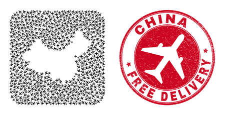 Vector mosaic China map of airplane items and grunge Free Delivery seal stamp. Mosaic geographic China map created as hole from rounded square shape with moving out aeroplanes.のイラスト素材