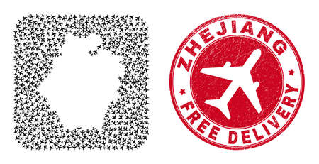 Vector mosaic Zhejiang Province map of air force elements and grunge Free Delivery badge.のイラスト素材