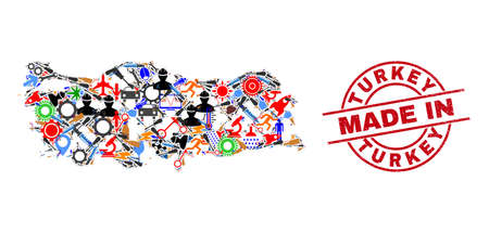 Production Turkey map mosaic and MADE IN distress stamp seal. Turkey map abstraction composed with spanners, cogs, tools, aircrafts, cars, electric strikes, helmets.のイラスト素材