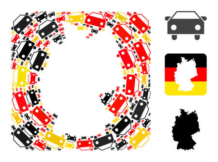 Germany map stencil mosaic. Stencil rounded rectangle collage formed from car icons in variable sizes, and Germany flag official colors - red, yellow, black.のイラスト素材