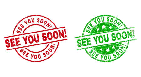 Round SEE YOU SOON! watermarks. Flat vector distress stamp watermarks with SEE YOU SOON! message inside circle and lines, using red and green colors. Watermarks with grunge texture.