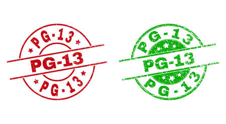 Round PG-13 stamp badges. Flat vector distress badges with PG-13 message inside circle and lines, using red and green colors. Stamp imprints with distress style.