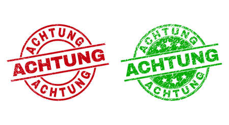 Round ACHTUNG badge stamps. Flat vector scratched seal stamps with ACHTUNG caption inside circle and lines, using red and green colors. Watermarks with scratched texture.のイラスト素材