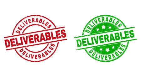 Round DELIVERABLES stamp badges. Flat vector textured stamp watermarks with DELIVERABLES caption inside circle and lines, in red and green colors. Stamp imprints with corroded style.のイラスト素材