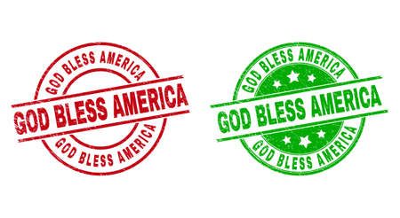 Round GOD BLESS AMERICA stamp badges. Flat vector scratched seal stamps with GOD BLESS AMERICA title inside circle and lines, in red and green colors. Stamp imprints with grunge texture.のイラスト素材