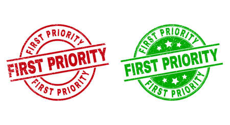 Round FIRST PRIORITY stamp badges. Flat vector scratched stamp watermarks with FIRST PRIORITY caption inside circle and lines, in red and green colors. Stamp imprints with corroded texture.