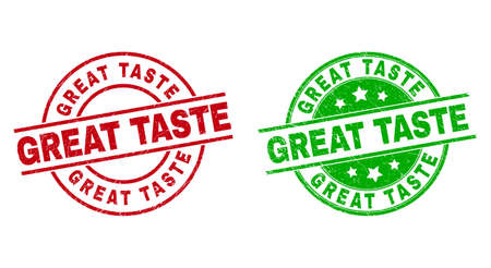 Round GREAT TASTE watermarks. Flat vector grunge stamp watermarks with GREAT TASTE message inside circle and lines, in red and green colors. Watermarks with unclean style.のイラスト素材