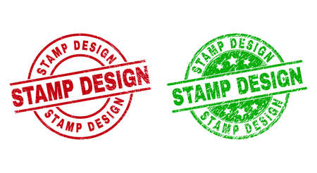 Round STAMP DESIGN stamps. Flat vector textured stamp watermarks with STAMP DESIGN title inside circle and lines, using red and green colors. Stamp imprints with corroded texture.のイラスト素材