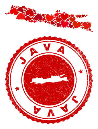 Mosaic Java Island map composed with red love hearts, and unclean stamp. Vector lovely round red rubber seal stamp imprint with Java Island map inside.のイラスト素材