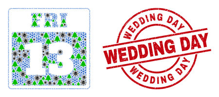 Winter virus collage 13th Friday calendar page, and scratched Wedding Day red round stamp print. Collage 13th Friday calendar page is done of virus, green tree, and snow symbols.のイラスト素材