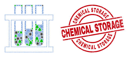 Winter pandemic mosaic chemical test tubes, and scratched Chemical Storage red round stamp seal. Mosaic chemical test tubes is organized of virus, fir tree, and ice crystal items.のイラスト素材