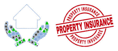 Winter virus combination house care hands, and rubber Property Insurance red round stamp print. Collage house care hands is designed with virus, green tree, and snowflake items.のイラスト素材