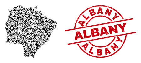 Albany rubber seal, and Mato Grosso do Sul State map collage of air force elements. Collage Mato Grosso do Sul State map constructed of aeroplanes. Red seal with Albany text,のイラスト素材