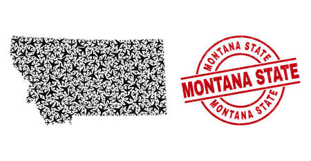 Montana State grunged stamp, and Montana State map mosaic of aeroplane elements. Mosaic Montana State map constructed of jet vehicles. Red watermark with Montana State word,のイラスト素材