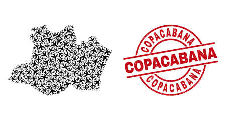 Copacabana scratched seal stamp, and Amazonas State map collage of jet vehicle items. Collage Amazonas State map constructed of jet vehicles. Red seal with Copacabana tag, and distress rubber texture.のイラスト素材