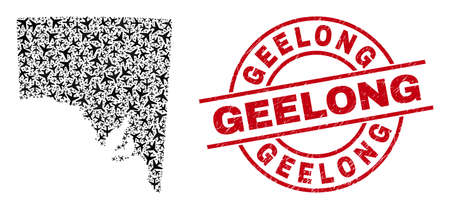 Geelong grunged stamp, and South Australia map collage of jet vehicle elements. Collage South Australia map designed of jet vehicles. Red stamp with Geelong word, and distress rubber texture.のイラスト素材
