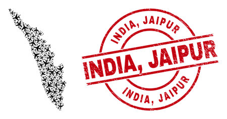 India, Jaipur scratched seal, and Kerala State map collage of aviation elements. Collage Kerala State map created of airplanes. Red seal with India, Jaipur word, and scratched rubber texture.のイラスト素材