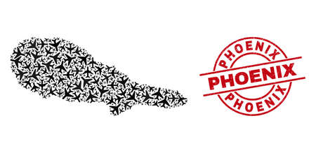 Phoenix grunge badge, and Pico Island map collage of air force items. Mosaic Pico Island map constructed of aviation items. Red badge with Phoenix text, and scratched rubber texture.のイラスト素材