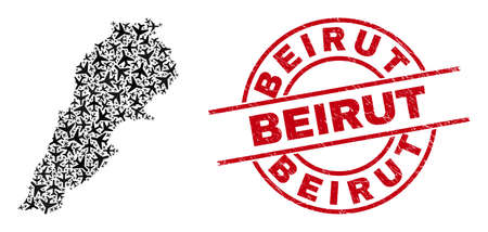 Beirut distress seal stamp, and Lebanon map mosaic of aircraft elements. Mosaic Lebanon map constructed from aircraft. Red stamp with Beirut text, and distress rubber texture.のイラスト素材