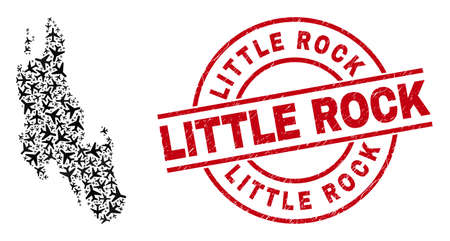 Little Rock rubber badge, and Zanzibar Island map collage of air force items. Collage Zanzibar Island map designed with air planes. Red watermark with Little Rock word, and grunge rubber texture.のイラスト素材