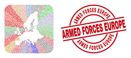 Vector collage European Union map of different symbols and Armed Forces Europe stamp. Mosaic European Union map created as carved shape from rounded square shape.のイラスト素材