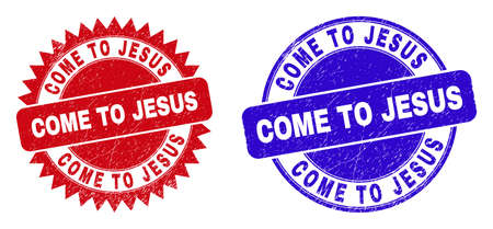 Rounded and rosette COME TO JESUS seal stamps. Flat vector grunge stamps with COME TO JESUS message inside round and sharp rosette shape, in red and blue colors. Watermarks with scratched style,のイラスト素材