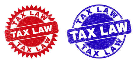 Round and rosette TAX LAW watermarks. Flat vector textured stamps with TAX LAW slogan inside round and sharp rosette form, in red and blue colors. Watermarks with unclean style, on a white background.のイラスト素材