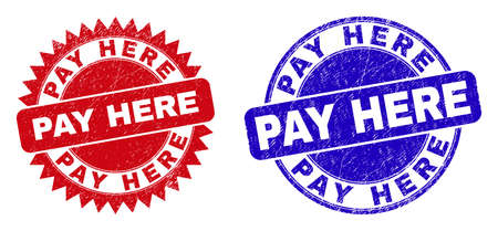 Round and rosette PAY HERE seals. Flat vector textured watermarks with PAY HERE title inside round and sharp rosette shape, in red and blue colors. Watermarks with unclean style,のイラスト素材