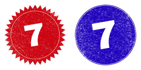 Round and rosette 7 seal stamps. Flat vector distress stamps with 7 slogan inside round and sharp rosette form, in red and blue colors. Imprints with distress surface, on a white background.のイラスト素材