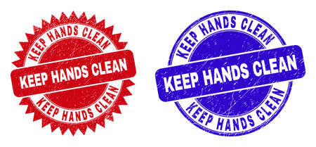 Round and rosette KEEP HANDS CLEAN stamps. Flat vector textured seal stamps with KEEP HANDS CLEAN title inside round and sharp rosette shape, in red and blue colors. Watermarks with scratched style,のイラスト素材