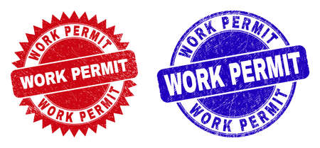 Round and rosette WORK PERMIT seal stamps. Flat vector scratched seal stamps with WORK PERMIT slogan inside round and sharp rosette form, in red and blue colors. Watermarks with scratched texture,