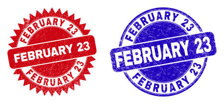 Round and rosette FEBRUARY 23 seals. Flat vector distress seals with FEBRUARY 23 phrase inside round and sharp rosette shape, in red and blue colors. Watermarks with distress texture,のイラスト素材