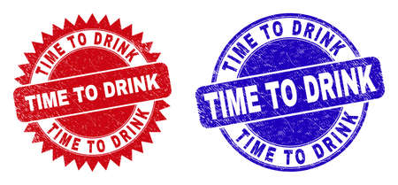 Round and rosette TIME TO DRINK watermarks. Flat vector grunge watermarks with TIME TO DRINK title inside round and sharp rosette form, in red and blue colors. Imprints with grunge style,のイラスト素材