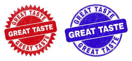 Round and rosette GREAT TASTE seals. Flat vector scratched seals with GREAT TASTE caption inside round and sharp rosette shape, in red and blue colors. Watermarks with unclean surface,のイラスト素材