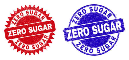 Round and rosette ZERO SUGAR stamps. Flat vector grunge watermarks with ZERO SUGAR text inside round and sharp rosette form, in red and blue colors. Watermarks with corroded style,のイラスト素材
