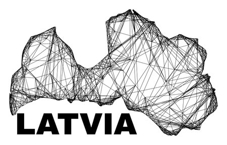 carcass irregular mesh Latvia map. Abstract lines are combined into Latvia map. Wire carcass flat network in vector format. Vector carcass is created for Latvia map using intersected random lines.のイラスト素材