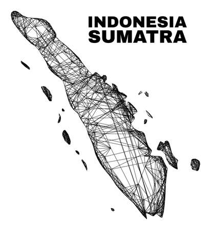 Net irregular mesh Sumatra map. Abstract lines are combined into Sumatra map. Wire carcass 2D net in vector format. Vector model is created for Sumatra map using crossing random lines.のイラスト素材