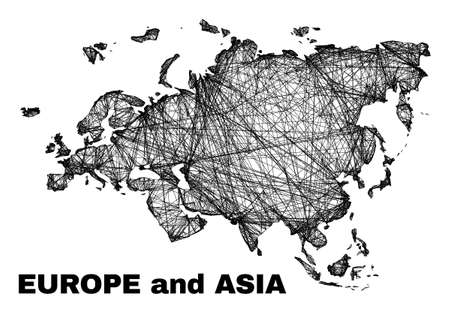Wire frame irregular mesh Europe and Asia map. Abstract lines form Europe and Asia map. Linear frame flat network in vector format.のイラスト素材
