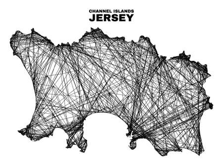 Wire frame irregular mesh Jersey Island map. Abstract lines form Jersey Island map. Wire frame 2D network in vector format.のイラスト素材