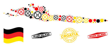 Service Hvar Island map collage and seals. Vector collage is formed from cog elements in various sizes, and German flag official colors - red, yellow, black.のイラスト素材