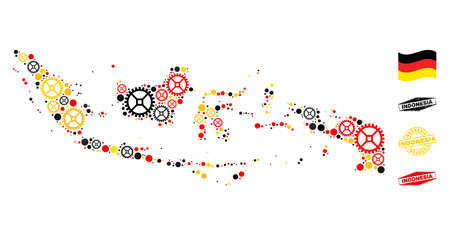 Repair workshop Indonesia map collage and stamps. Vector collage is designed with repair service elements in variable sizes, and German flag official colors - red, yellow, black.のイラスト素材
